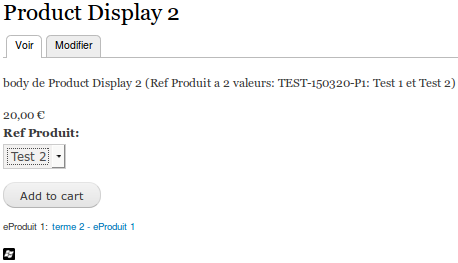 Product Display 2 affiché: en choisissant Test 1 ou 2 dans la liste, le prix varie
