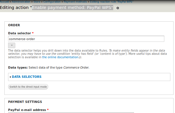 l'action de la règle Paypal WPS (haut de l'écran)