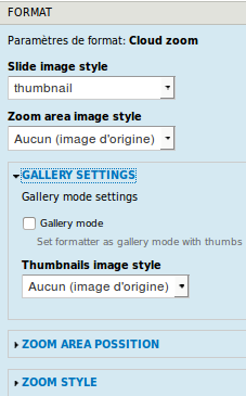 Dans Gérer l'affichage (admin/structure/types/manage/article/display), le format "Cloud Zoom" et ses paramètres (gallery, zoom position et styles)
